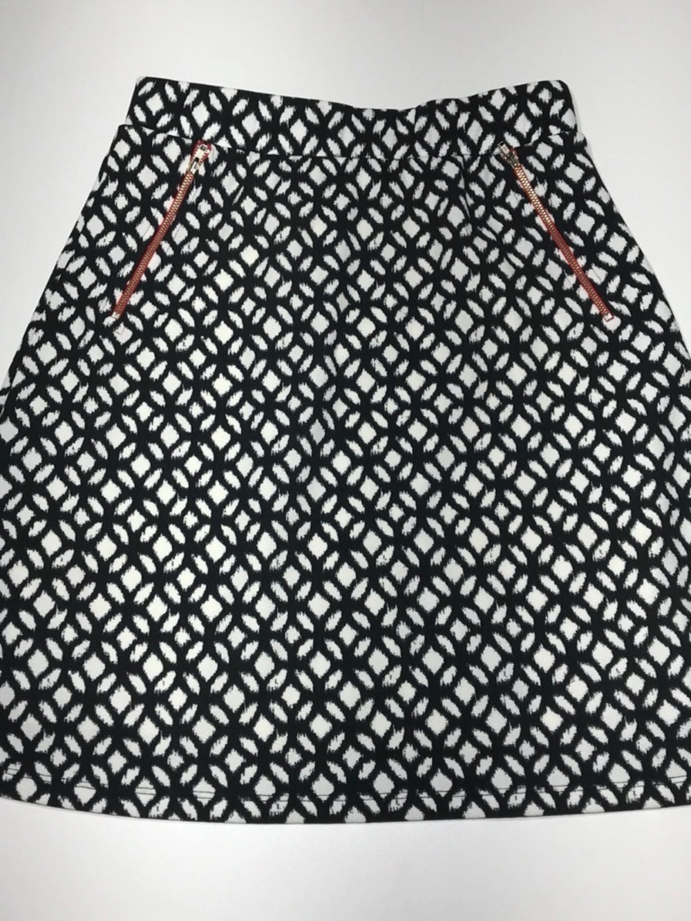 Le Lis Black & White Geometric A-Line Skirt with Copper Zip Accents